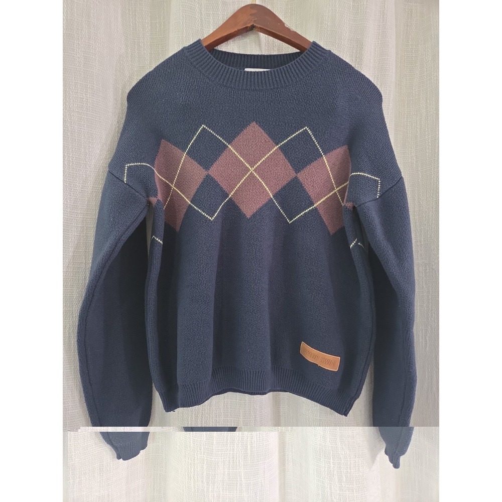 Taylor Swift Argyle Knit Pullover Sweater Size Medium Navy Crew Neck Long Sleeve